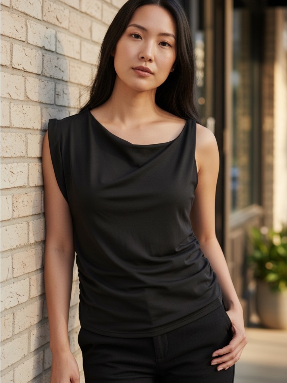 Gaze. Black Draped Neck Sleeveless Tank